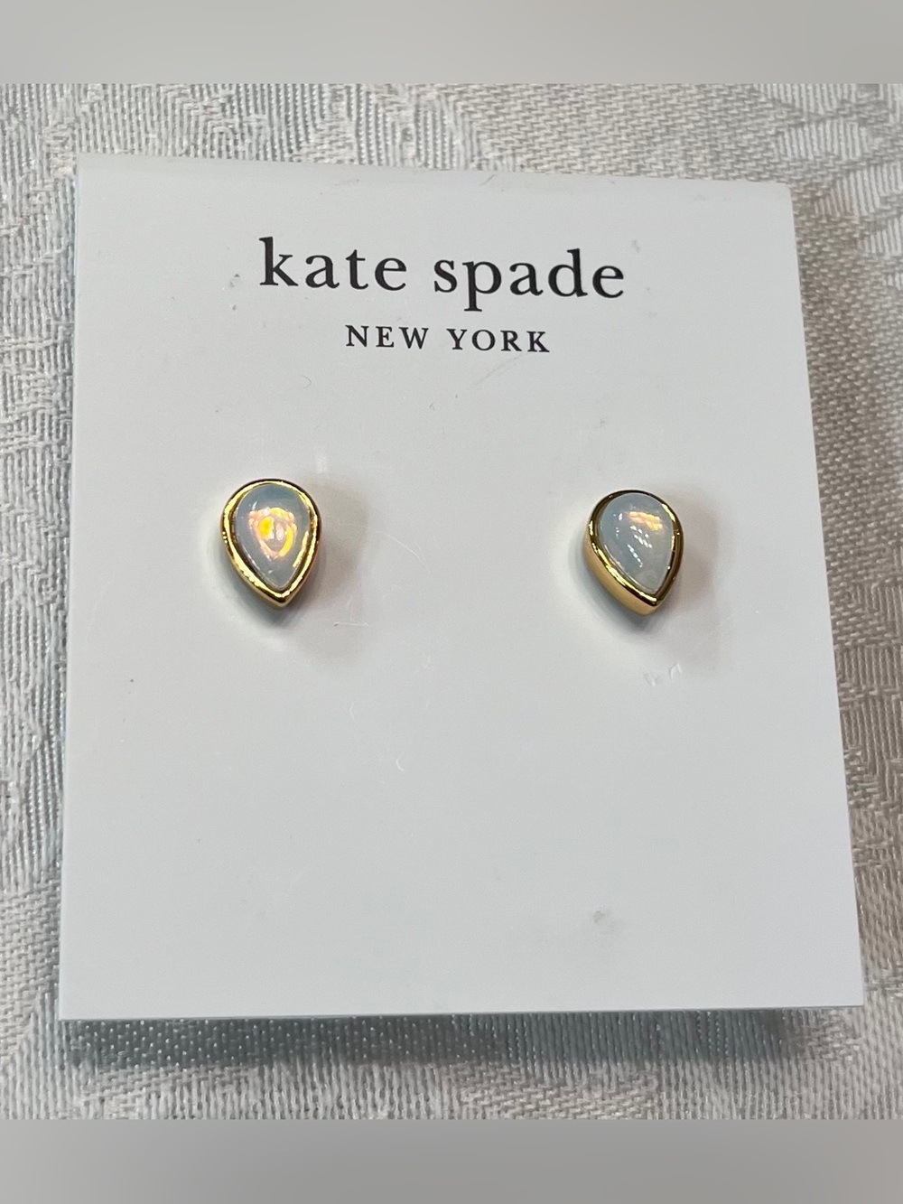 Kate Spade Opal Teardrop Stud Earrings Bezel Set in Gold Tone